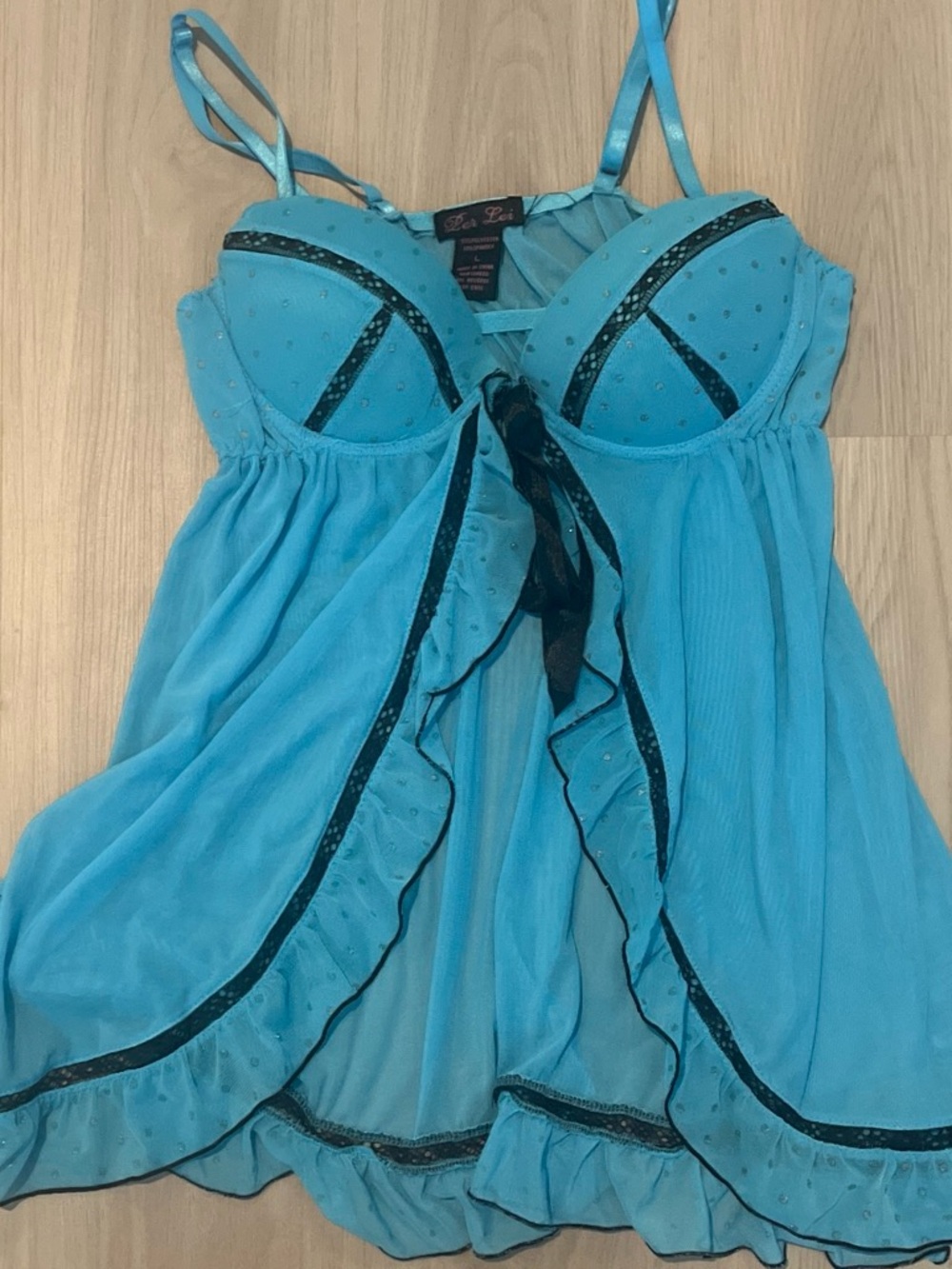Per Lei Aqua Blue Sheer Lace-Trim Babydoll Chemise